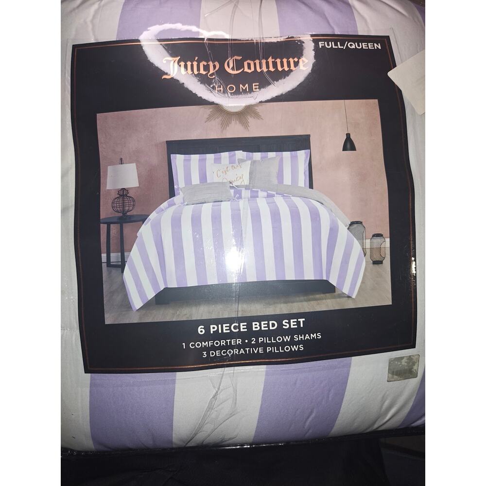 Juicy Couture Cabana Stripe Reversible Bedding Set - Queen/Full Size - Lavender
